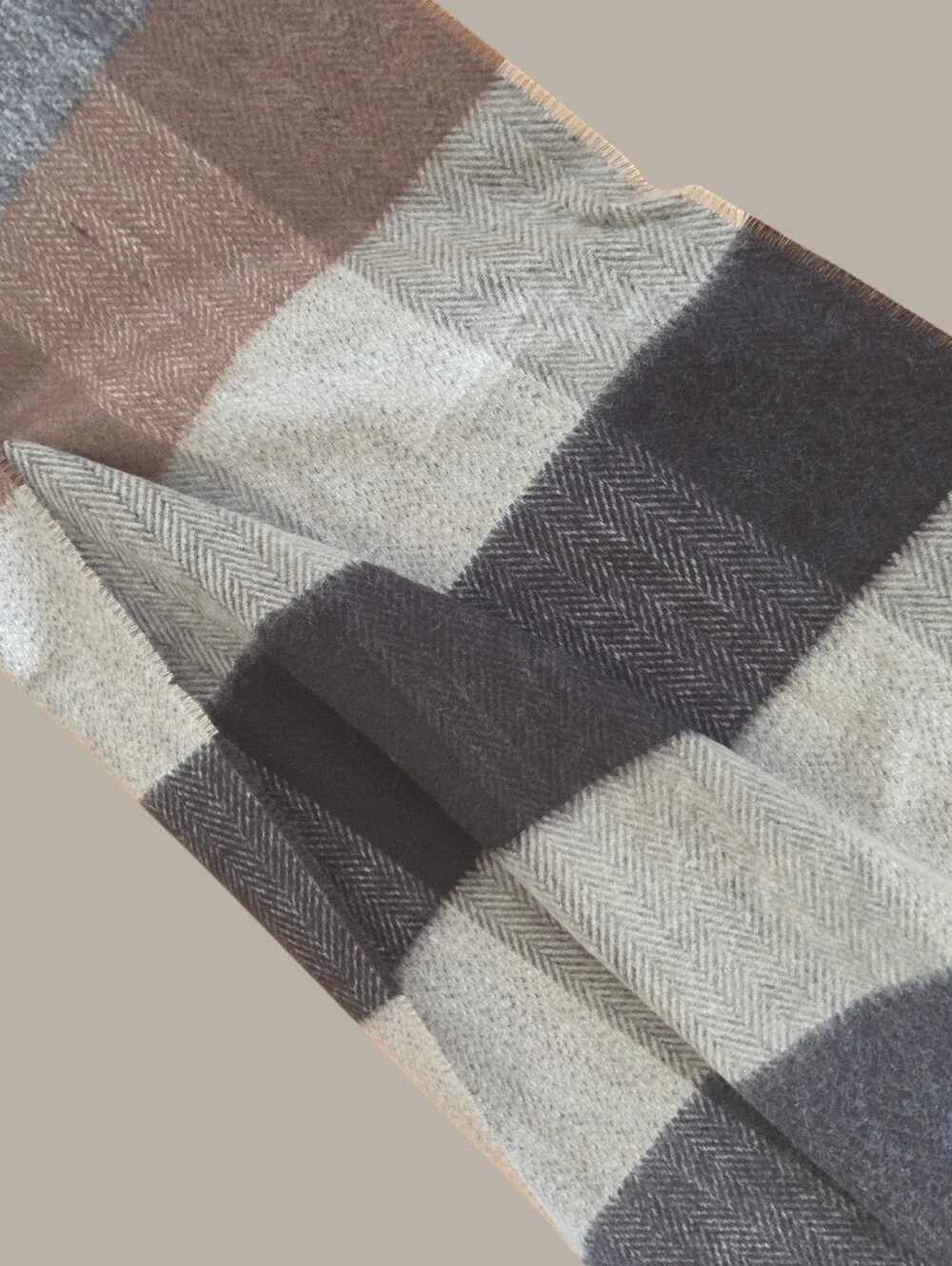 Fraas Plaid Scarf Made in Germany Brown Gray Black Taupe Unisex Fringe 14 x 70